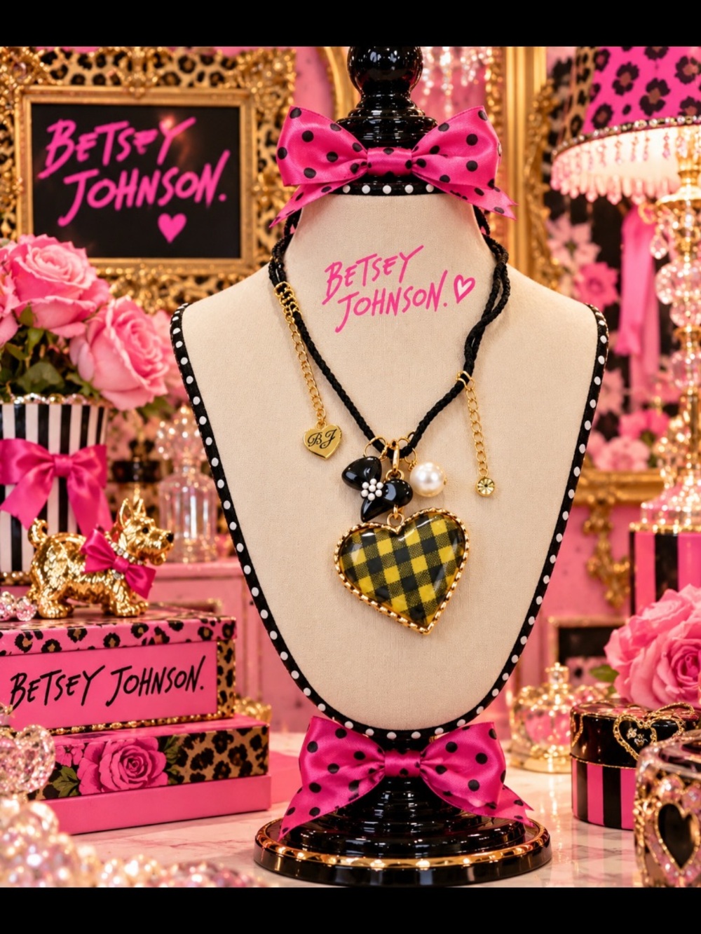 Betsey Johnson Black & Yellow Plaid Heart Pendant Necklace